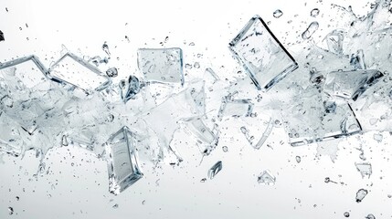 Poster - Shattered Glass Effect, Fragments of shattered glass frozen mid-air, creating a dynamic explosion effect against a white background. Generative AI.