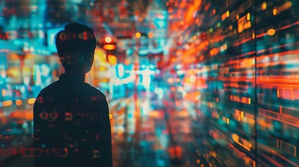Poster - Silhouette of a person standing in front of a digital data wall for Futuristic Abstract composition Concept.