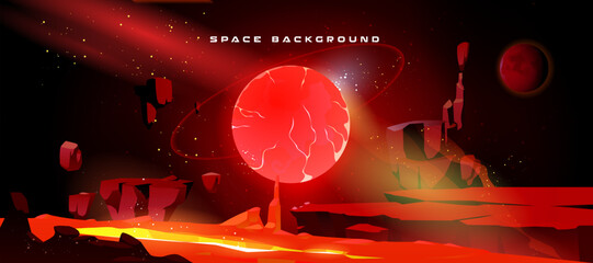 Wall Mural - Space adventure game background with red alien planet. Vector cartoon illustration of fantasy cosmic landscape with lava flow in cracked rocks, stones flying in air, shimmering particles in darkness