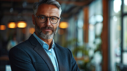 Poster - Mature businessman standing confidently in an office setting. Generative AI.