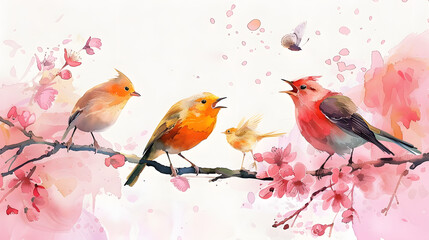 Wall Mural - Singing Birds Spring Watercolor painting style