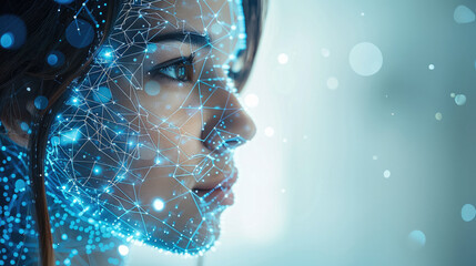 Leinwandbilder - Cybernetic augmentation through advanced interfaces close up, focus on, copy space Bold and futuristic, enhancing human experience Double exposure silhouette with connected technology. Generative AI.