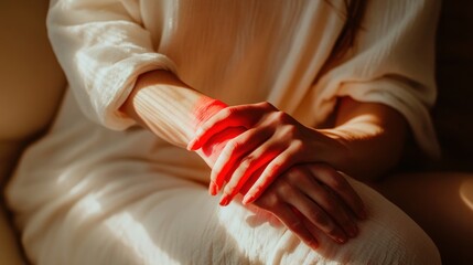 Wall Mural - A woman's hand with red light shining on it, creating a dramatic and artistic effect.