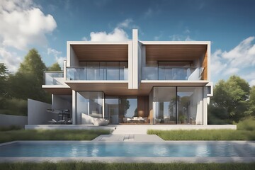 Modern private house with blue sky, House design, real estate property architecture concept