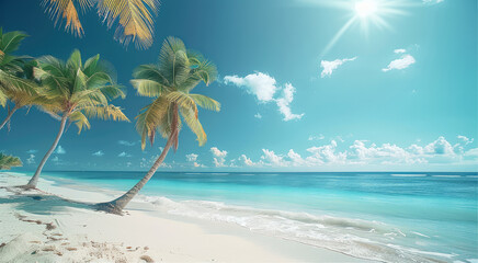 Aufkleber - Under the blue sky, a tropical beach with palm trees and white sand. Bright and clear background. Generative AI.