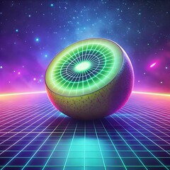 Wall Mural - A vibrant 3D illustration of a kiwi berry in a retro 80s style. set against a glowing grid and a starry backdrop.