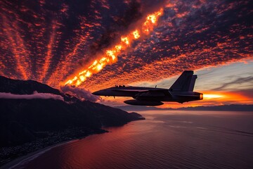 Wall Mural - A fighter jet flying over a body of water at sunset