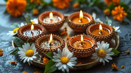 Diwali: The Festival of Lights A beautiful, colorful display of oil lamps on a grey background