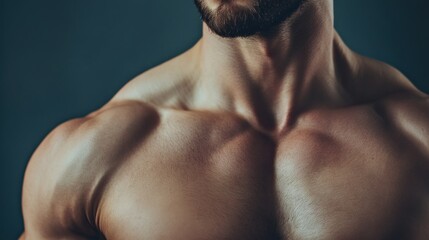 Poster - Close-up of a muscular man's chest and shoulder, highlighting his defined muscles and toned physique.