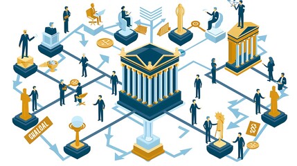 Poster - Abstract network complex illustration with business people a building of pillars for the Concept of connection growth or business success.