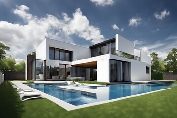 Modern private house with blue sky, House design, real estate property architecture concept