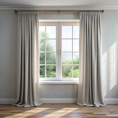 Elegant white window with drawn curtains. showcasing a lush green view.