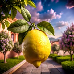 Wall Mural - A vibrant 3D illustration of a juicy lemon hanging from a tree branch. bathed in warm sunlight.