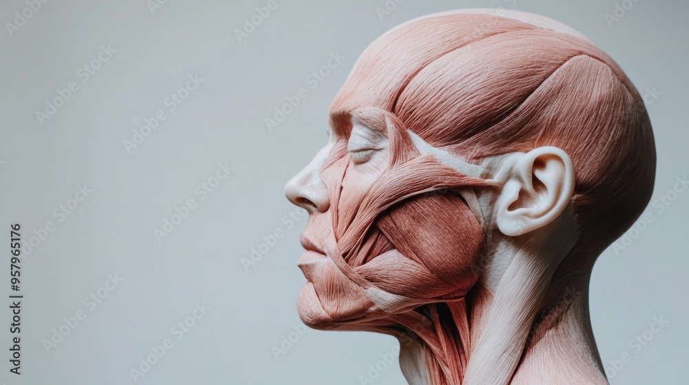 Close-up side view of a human head model showing detailed anatomical ...