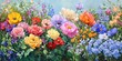 © Rizvan - Artistic oil painting of a vibrant flower garden in full bloom showcasing a variety of beautiful flowers