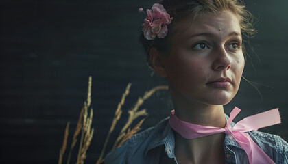 Wall Mural - A woman with a pink ribbon around her neck and a flower in her hair