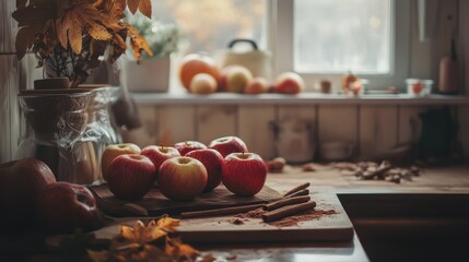 Canvas Print - Cozy Autumn Kitchen Filled with Fresh Apples and Spices