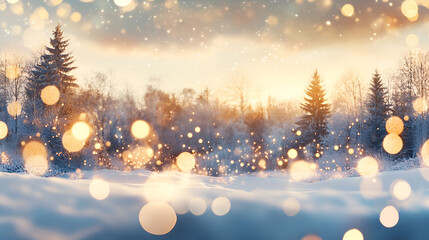 Wall Mural - Banner panoramic image with golden bokeh lights in an abstract winter landscape