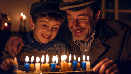 Wall Mural - A man and a boy are sitting together and looking at a lit candle holder