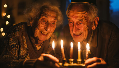 Sticker - A couple of older people are looking at a lit candle holder