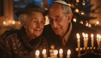 Wall Mural - A couple of older people are sitting together in front of a Christmas tree