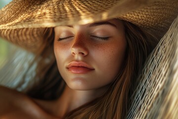 A young woman relaxing in a hammock with her eyes closed, wearing a large straw hat that