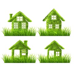 Poster - Green grass home icon, png set isolated on white background 