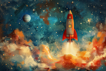 Space landscape. Creative and bright design of a children's room or studio photography backdrop.