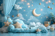 © erika8213 - Photo backdrop for children of blue night sky with small bright stars and a cute moon and fluffy clouds