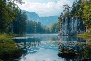 A serene body of water encircled by woodland and peaks in a rocky landscape.