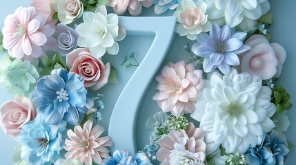 Envision a serene blue number 7 adorned with a delicate array of pastel-colored flowers. 
