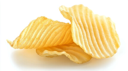 Delicious ridged potato chips on a white background, top view