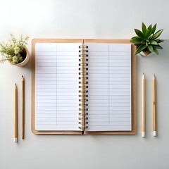 Sticker - A simple yet elegant image showcasing an open notebook with blank pages. two pencils. and a potted plant.