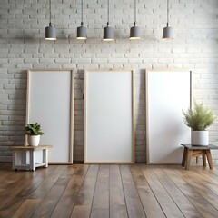 Wall Mural - Three blank frames mockup on a white brick wall background with wooden floor and hanging lights.