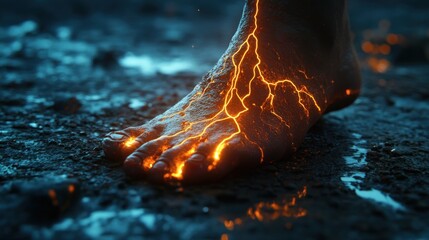 Poster - A close-up of a fiery foot stepping on a dark, cracked surface. The foot is glowing with intense orange light, symbolizing strength, resilience, and overcoming challenges.