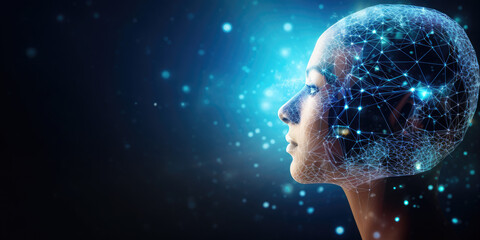 Aufkleber - Artificial intelligence concept with a human head made of connecting lines and dots representing the neural network, symbolizing the future of ai