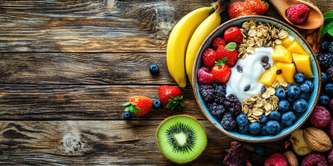 Delicious and healthy breakfast bowl full of granola, yogurt and fresh fruits is sitting on a rustic wooden table. The image has copy space on the left