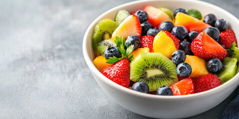 Vibrant fruit salad with strawberries, blueberries, mango, and kiwi on a dark background. Perfect for any time of day, packed with vitamins and antioxidants. Top-down view shows ripe, juicy fruits