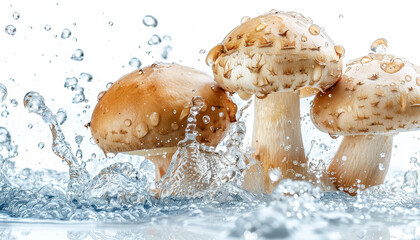 A mushroom is floating in a pool of water, with droplets of water surrounding it