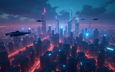 Wall Mural - A neon-lit city skyline with towering skyscrapers and flying vehicles.