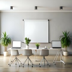 Modern. minimalist meeting room interior with a blank whiteboard. laptops. and plants.