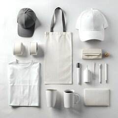 a clean and modern mockup of promotional merchandise featuring a t shirt. tote bag. caps. mugs. and 
