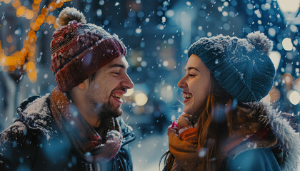 Wall Mural - A couple is smiling and laughing in the snow