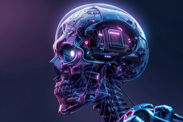 Wall Mural - Futuristic cyberpunk halloween-themed skull with neon lights AI