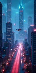 Wall Mural - A neon-lit city skyline with towering skyscrapers and flying vehicles, vertical orientation.