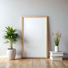 Wall Mural - Minimalist mockup of a blank poster frame leaning against a white wall. featuring a green plant and a vase with dried flowers. perfect for showcasing your designs and branding.