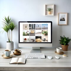 Wall Mural - A modern workspace with a computer displaying a photo collage. a keyboard. notebook. potted plants and a cup of coffee.