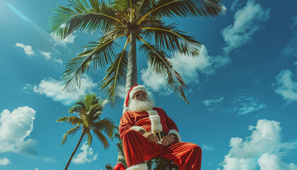 Sticker - A man dressed as Santa Claus is sitting on a palm tree in a tropical setting