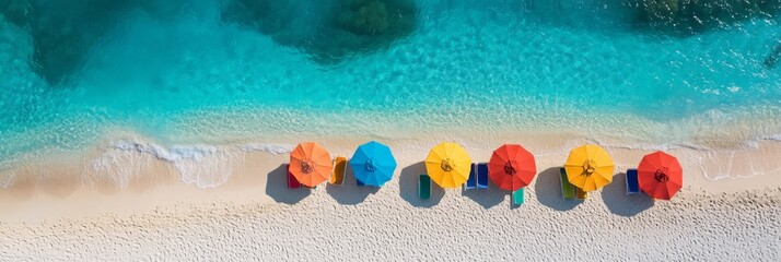 Poster - Brightly colored umbrellas line a pristine tropical beach as turquoise waters gently roll onto the soft white sand under sunny skies. A serene paradise awaits relaxation