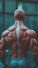 Poster - A muscular man stands with his back to the camera, showing off his sculpted physique. His muscles are defined and prominent, highlighting the power and strength of the human body